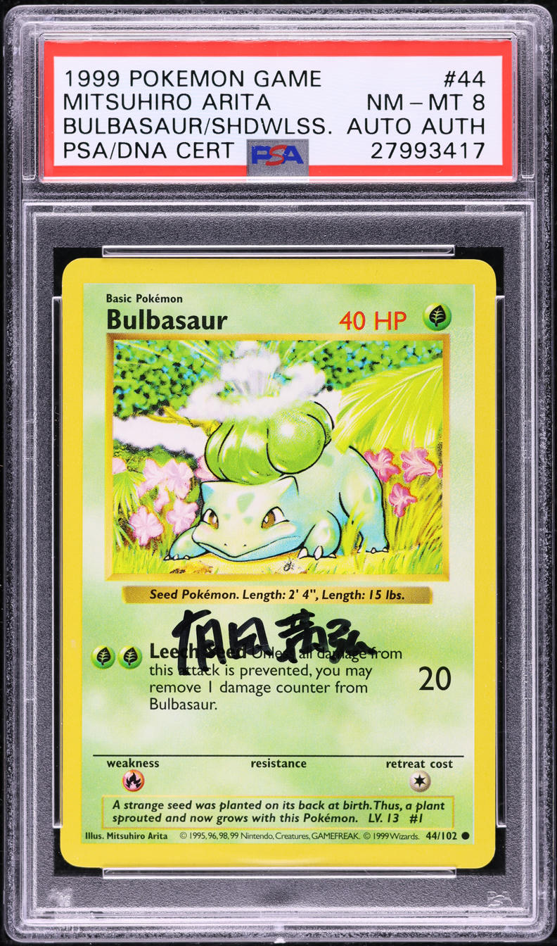 bulbasour pokemon card 1999 POKEMON BASE SET SHADOWLESS BULBASAUR #44 ARITA AUTO AUTH PSA 8 – lowpopping