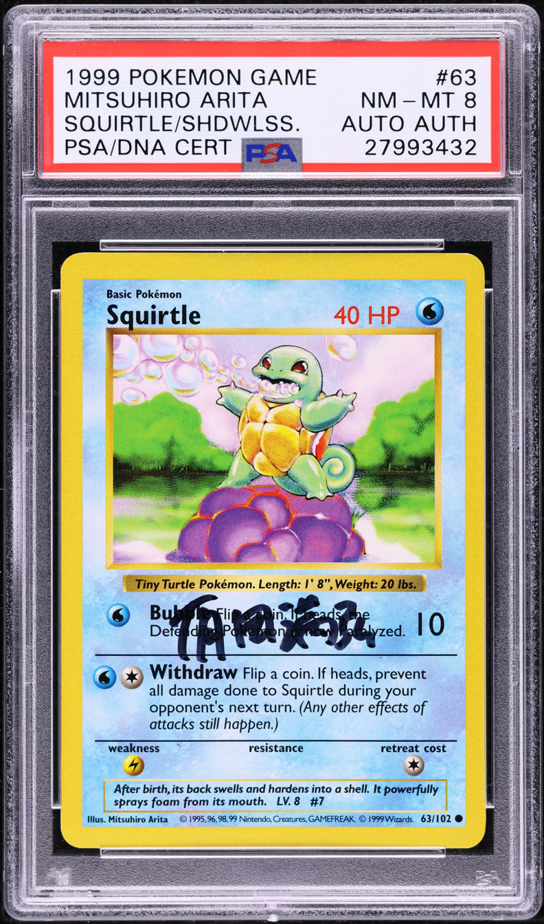 price first edition charizard pokemon card 1999 POKEMON BASE SET SHADOWLESS SQUIRTLE #63 ARITA AUTO AUTH PSA 8 –  lowpopping