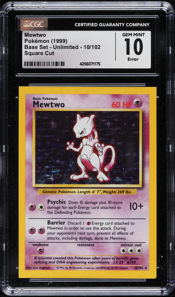 square cut pokemon cards 1999 POKEMON BASE SET SQUARE CUT ERROR HOLO MEWTWO #10 CGC 10 – lowpopping