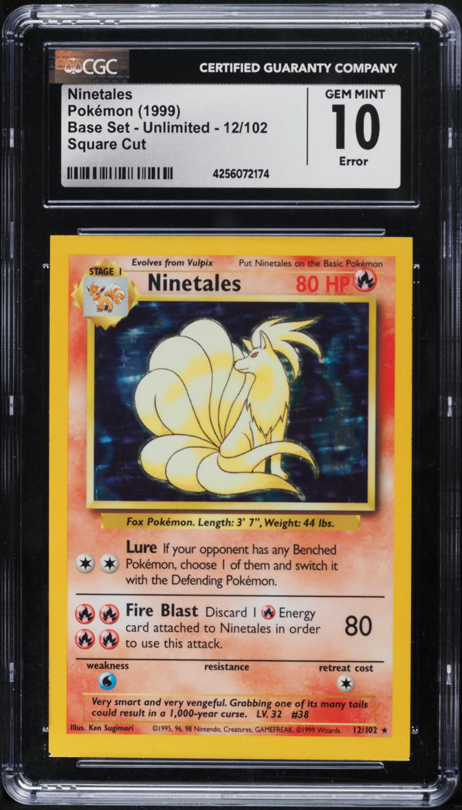 1999 POKEMON BASE SET SQUARE CUT HOLO NINETALES #12 CGC 10 GEM MINT lowpopping 1999 POKEMON BASE SET SQUARE CUT HOLO NINETALES #12 CGC 10 GEM MINT lowpopping