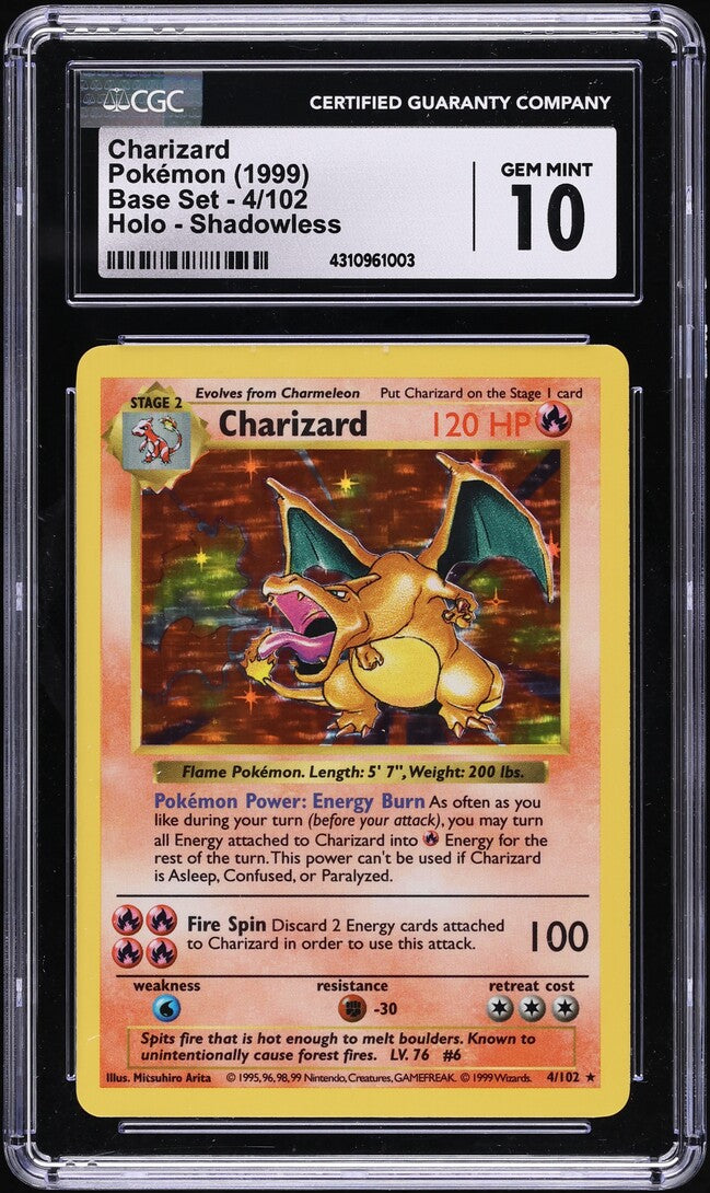 1999 POKEMON BASE SET SHADOWLESS HOLO CHARIZARD #4 CGC 10 GEM MINT lowpopping 1999 POKEMON BASE SET SHADOWLESS HOLO CHARIZARD #4 CGC 10 GEM MINT lowpopping