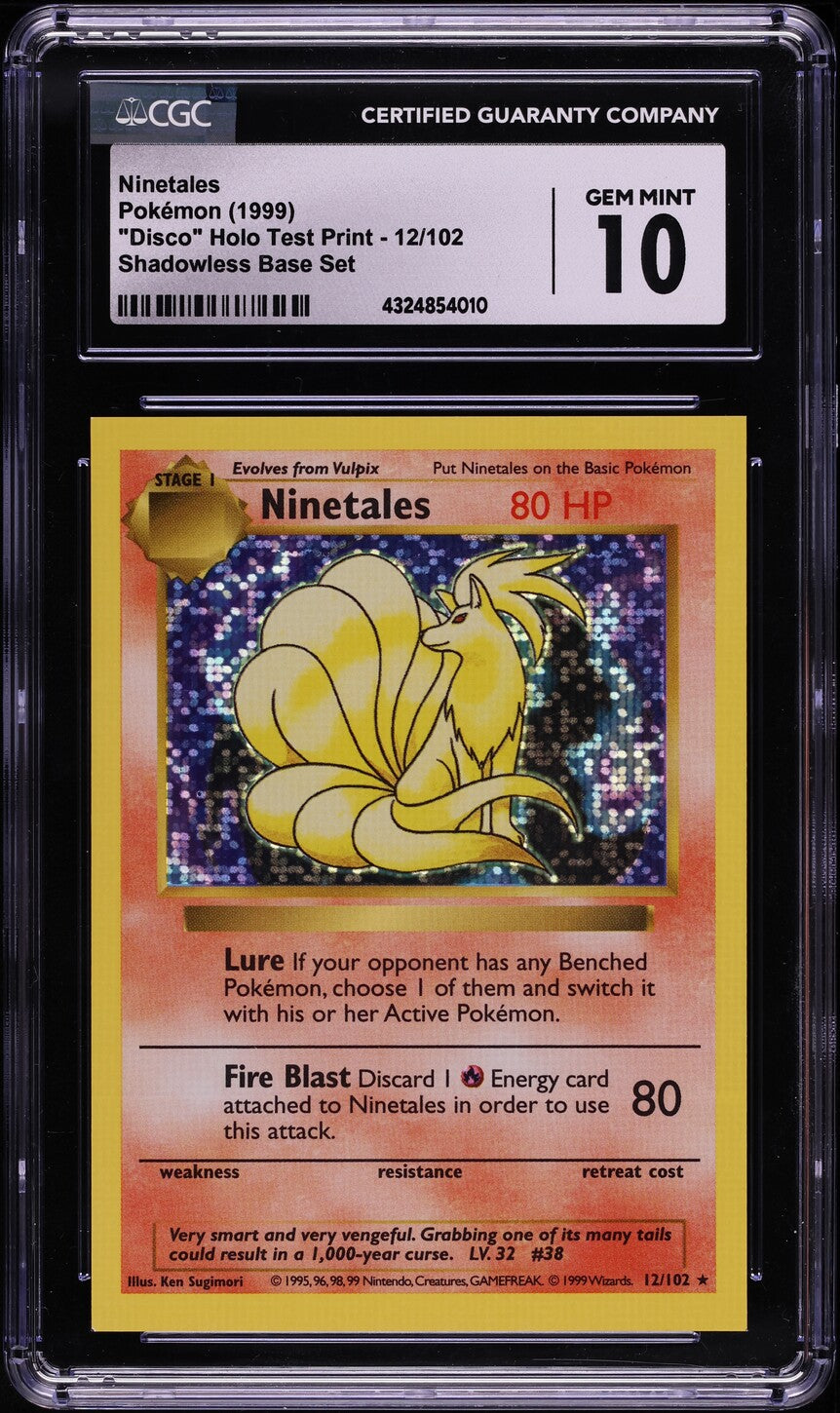 1999 POKEMON BASE SET SHADOWLESS DISCO HOLO TEST PRINT NINETALES #12 C lowpopping 1999 POKEMON BASE SET SHADOWLESS DISCO HOLO TEST PRINT NINETALES #12 C lowpopping