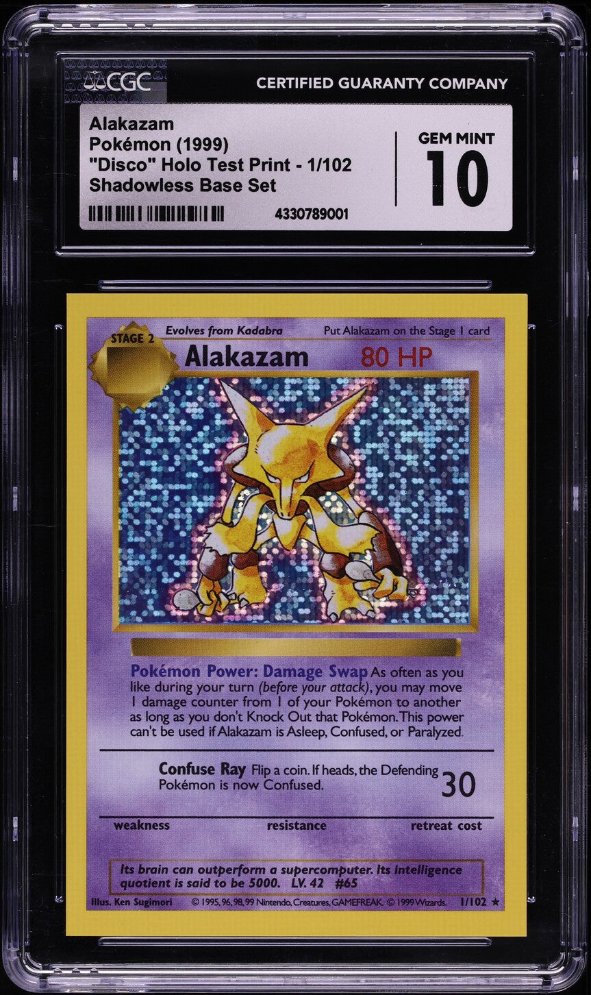 1999 POKEMON BASE SET SHADOWLESS DISCO HOLO TEST PRINT ALAKAZAM #1 CGC 10 *POP 4* 1999 POKEMON BASE SET SHADOWLESS DISCO HOLO TEST PRINT ALAKAZAM #1 CGC 10 *POP 4*