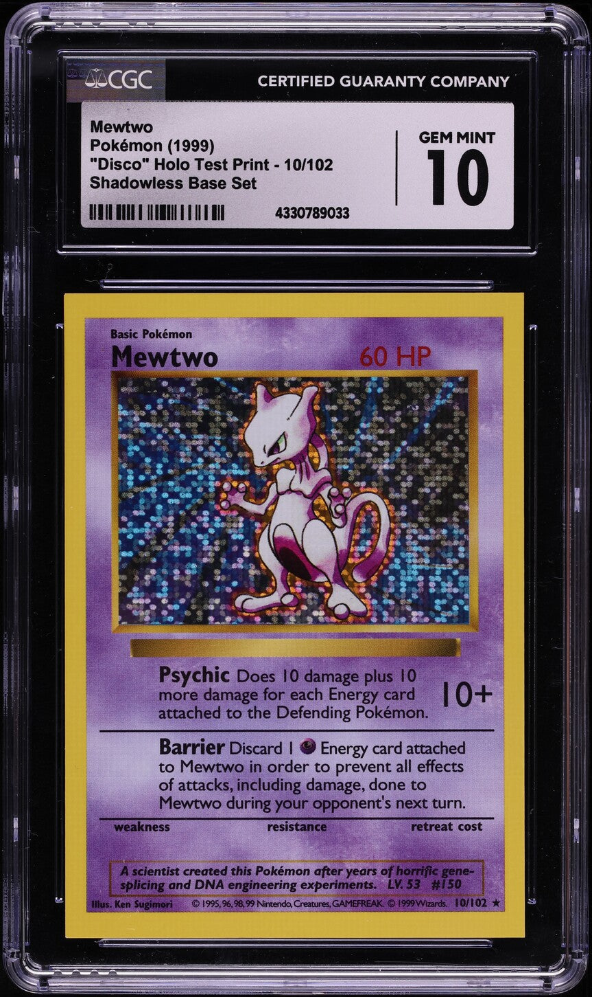 1999 POKEMON BASE SET SHADOWLESS DISCO HOLO TEST PRINT MEWTWO #10 CGC 10 *POP 4* 1999 POKEMON BASE SET SHADOWLESS DISCO HOLO TEST PRINT MEWTWO #10 CGC 10 *POP 4*