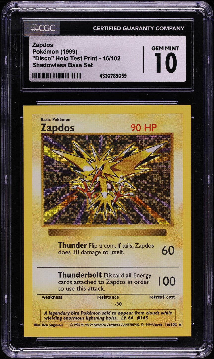 1999 POKEMON BASE SET SHADOWLESS DISCO HOLO TEST PRINT ZAPDOS #16 CGC lowpopping 1999 POKEMON BASE SET SHADOWLESS DISCO HOLO TEST PRINT ZAPDOS #16 CGC lowpopping