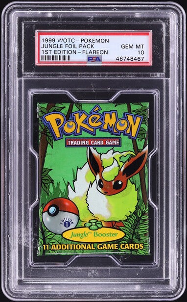 1999 flareon pokemon card 1999 POKEMON JUNGLE 1ST EDITION FLAREON BOOSTER PACK PSA 10