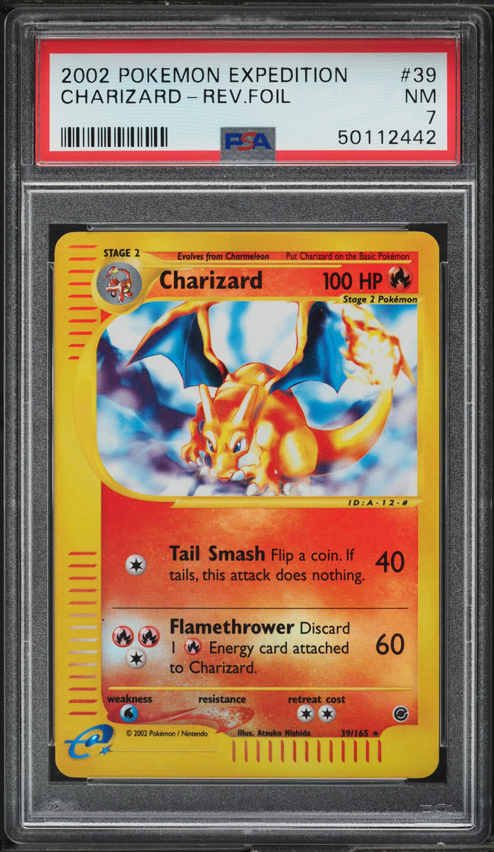 charizard pokemon card reverse holo 2002 POKEMON EXPEDITION REVERSE HOLO CHARIZARD #39 PSA 7 NRMT – lowpopping