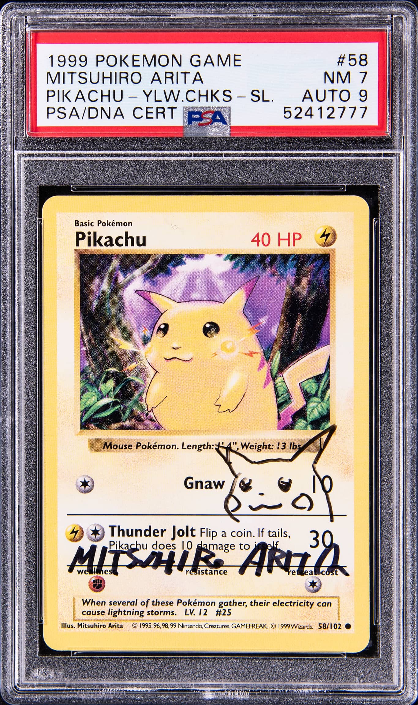 1999 POKEMON BASE SET PIKACHU YELLOW CHEEKS #58 ARITA AUTO 9 PSA 7