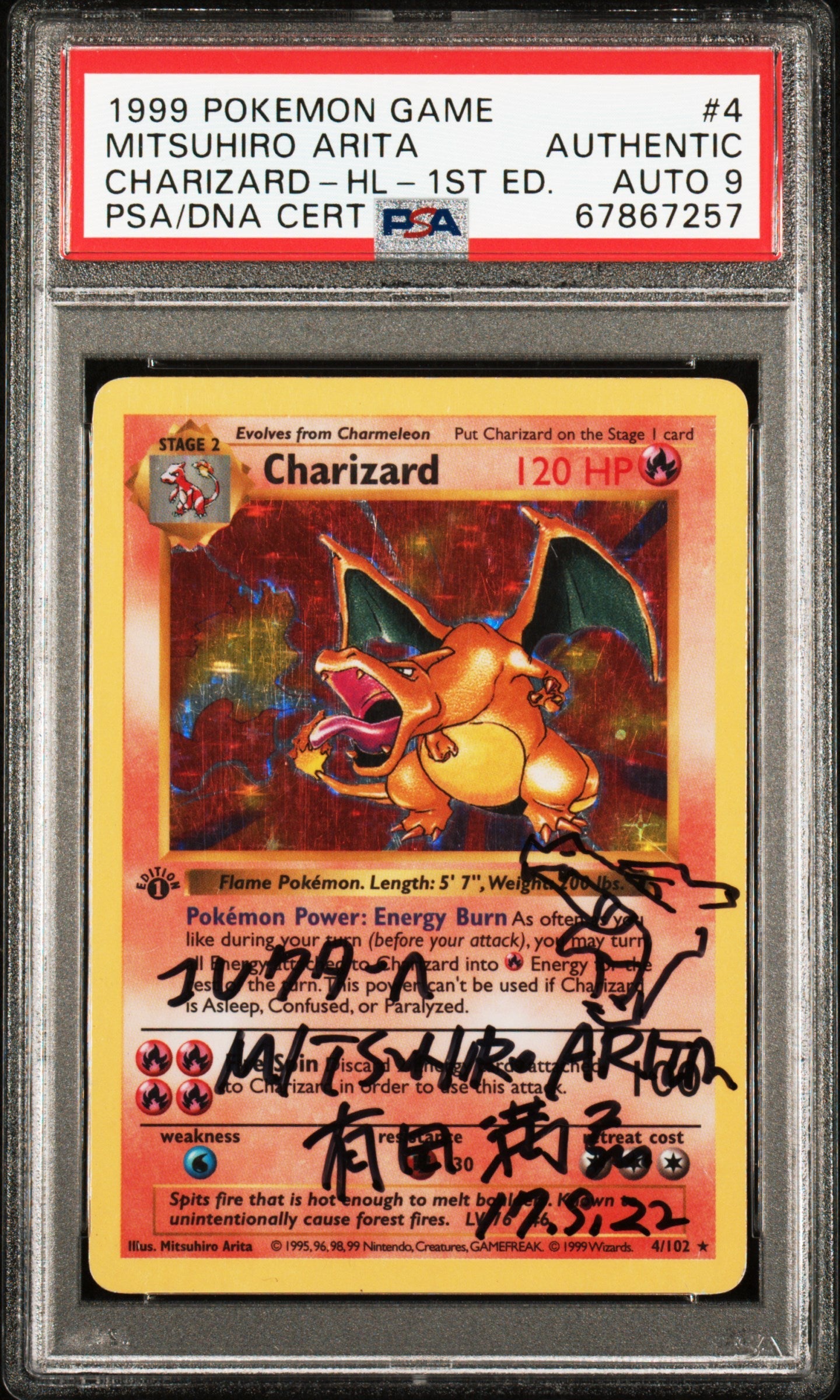 1999 POKEMON BASE SET 1ST EDITION HOLO CHARIZARD #4 ARITA AUTO 9 PSA A lowpopping 1999 POKEMON BASE SET 1ST EDITION HOLO CHARIZARD #4 ARITA AUTO 9 PSA A lowpopping