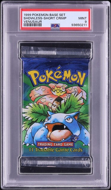 1999 POKEMON BASE SET SHADOWLESS SHORT CRIMP VENUSAUR BOOSTER PACK PSA 9 MINT 1999 POKEMON BASE SET SHADOWLESS SHORT CRIMP VENUSAUR BOOSTER PACK PSA 9 MINT
