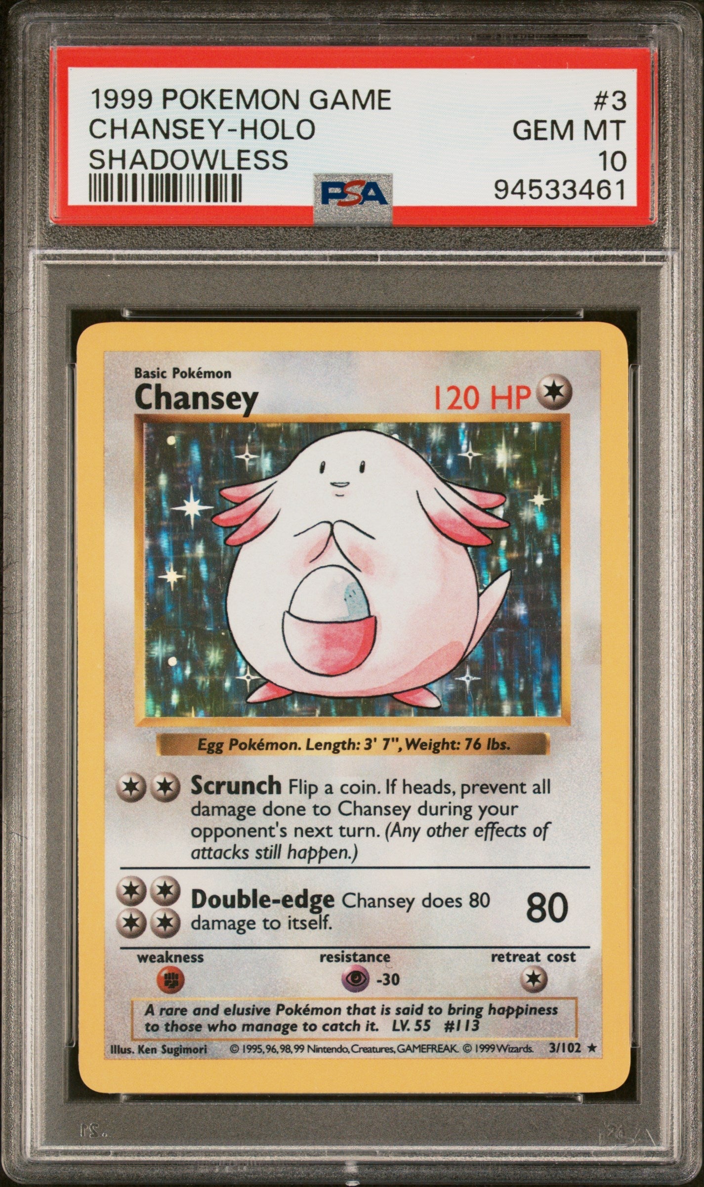 1999 POKEMON BASE SET SHADOWLESS HOLO CHANSEY #3 PSA 10 GEM MINT – lowpopping
