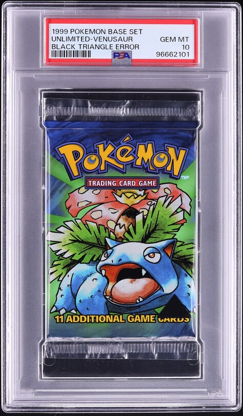 1999 POKEMON BASE SET BLACK TRIANGLE ERROR VENUSAUR BOOSTER PACK PSA 10 1999 POKEMON BASE SET BLACK TRIANGLE ERROR VENUSAUR BOOSTER PACK PSA 10