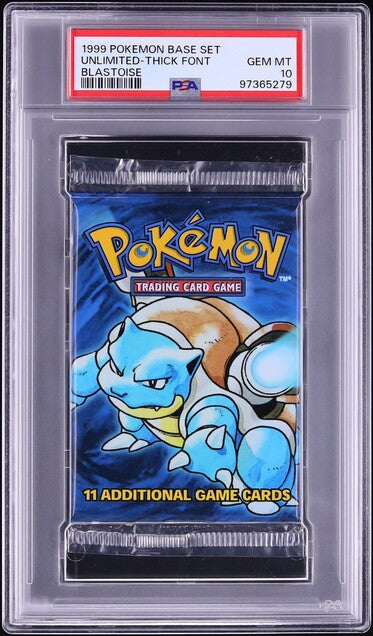 1999 POKEMON BASE SET THICK FONT BLASTOISE BOOSTER PACK PSA 10 – lowpopping