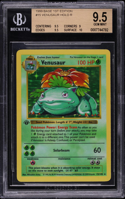 1999 POKEMON BASE SET SHADOWLESS 1ST EDITION HOLO VENUSAUR #15 BGS 9.5 GEM MINT