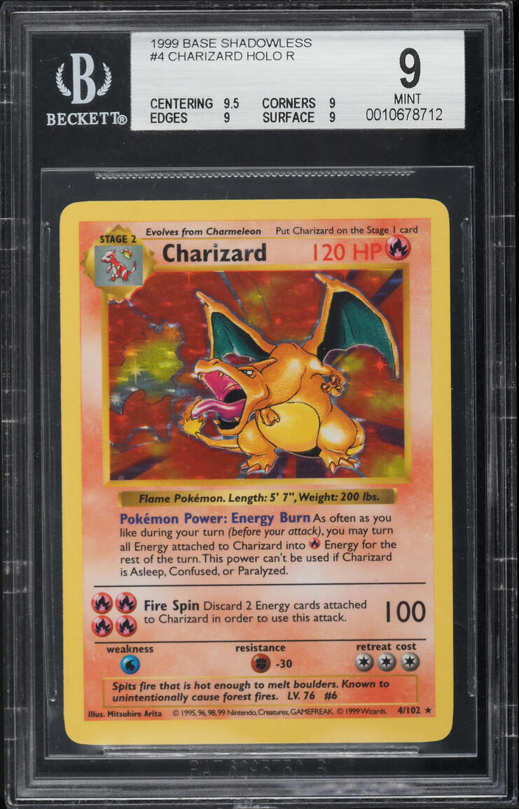 1999 POKEMON BASE SET SHADOWLESS HOLO CHARIZARD #4 BGS 9 MINT