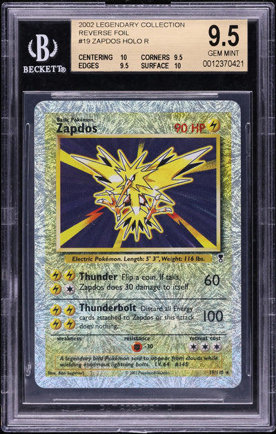 2002 POKEMON LEGENDARY COLLECTION REVERSE HOLO ZAPDOS #19 BGS 9.5 GEM MINT