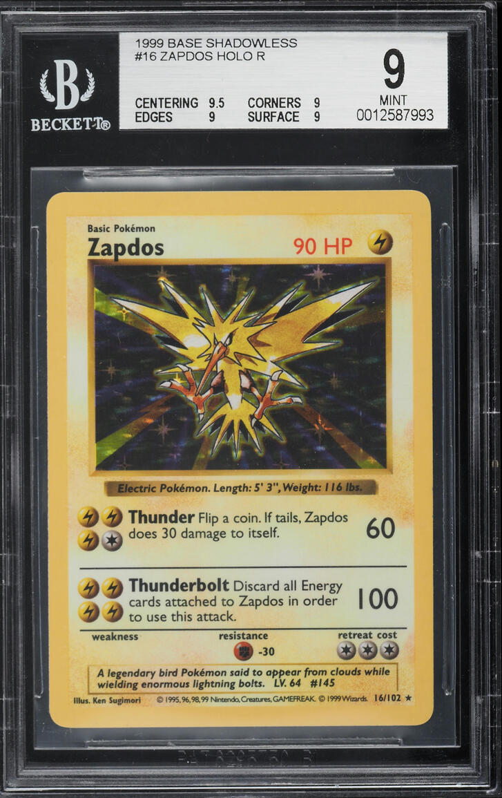 1999 POKEMON BASE SET SHADOWLESS HOLO ZAPDOS #16 BGS 9 MINT