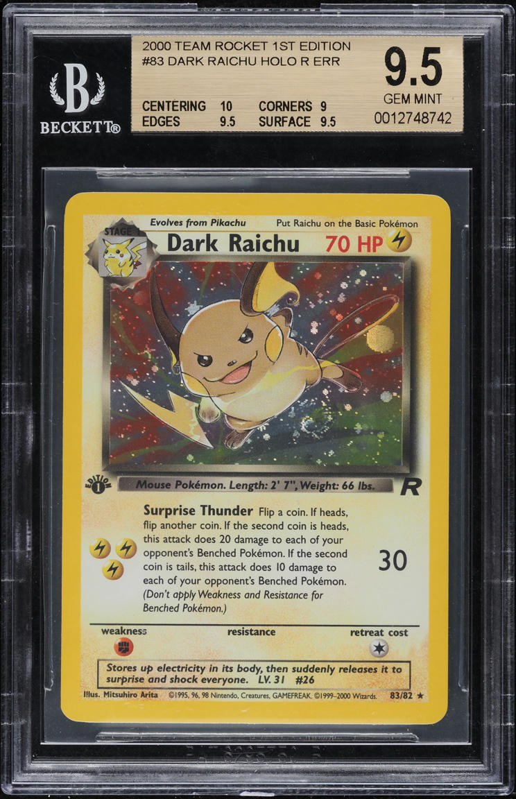 2000 POKEMON TEAM ROCKET 1ST EDITION HOLO DARK RAICHU #83 BGS 9.5 GEM MINT