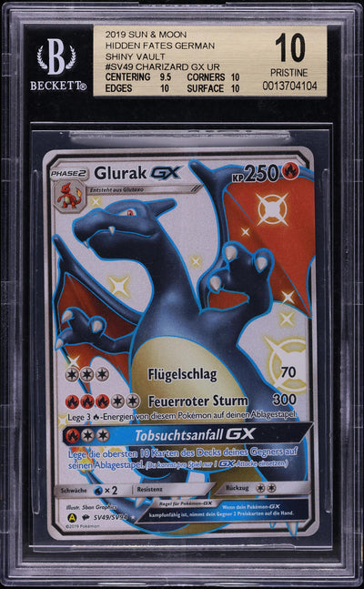 2019 POKEMON GERMAN SM HIDDEN FATES SHINY CHARIZARD GLURAK GX #SV49 BGS 10