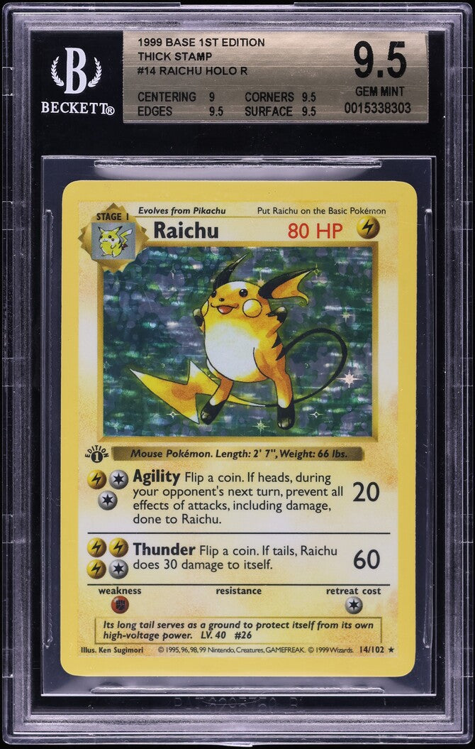 1999 POKEMON BASE SET SHADOWLESS 1ST EDITION HOLO RAICHU #14 BGS 9.5 GEM MINT