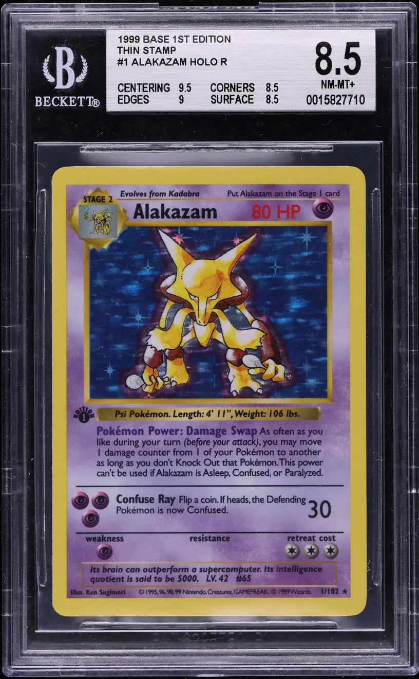 1999 POKEMON BASE SET SHADOWLESS 1ST EDITION HOLO THIN STAMP ALAKAZAM #1 BGS 8.5