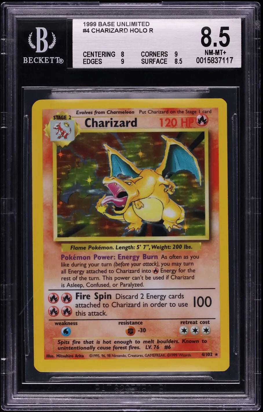 1999 POKEMON BASE SET HOLO CHARIZARD #4 BGS 8.5 NM-MT+
