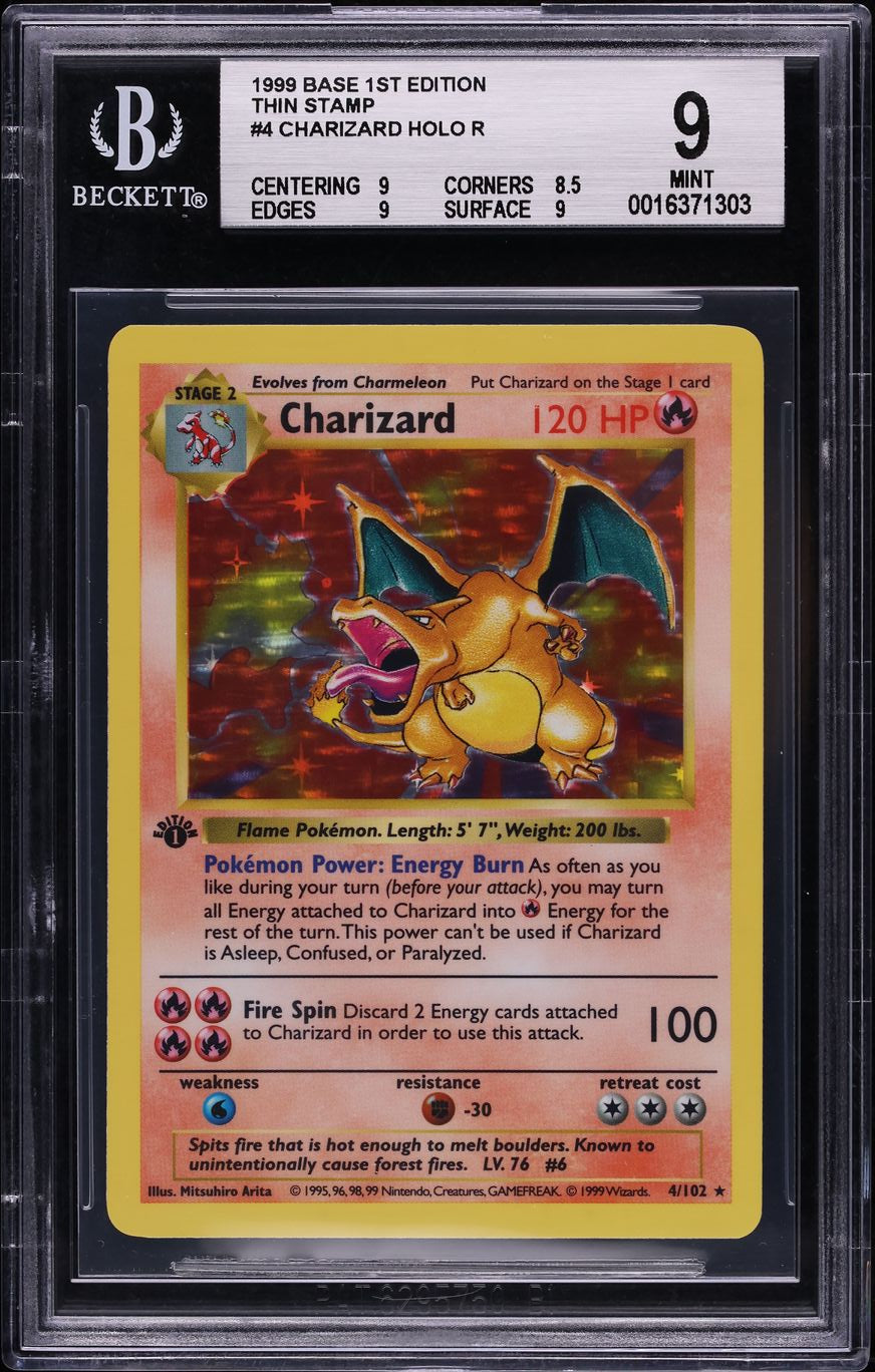 1999 POKEMON BASE SET SHADOWLESS 1ST EDITION THIN STAMP HOLO CHARIZARD #4 BGS 9