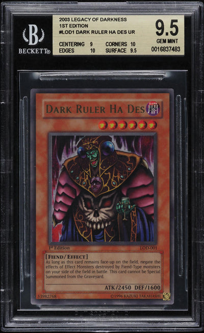 2003 YU-GI-OH! LEGACY OF DARKNESS 1ST EDITION DARK RULER HA DES #LOD-001 BGS 9.5