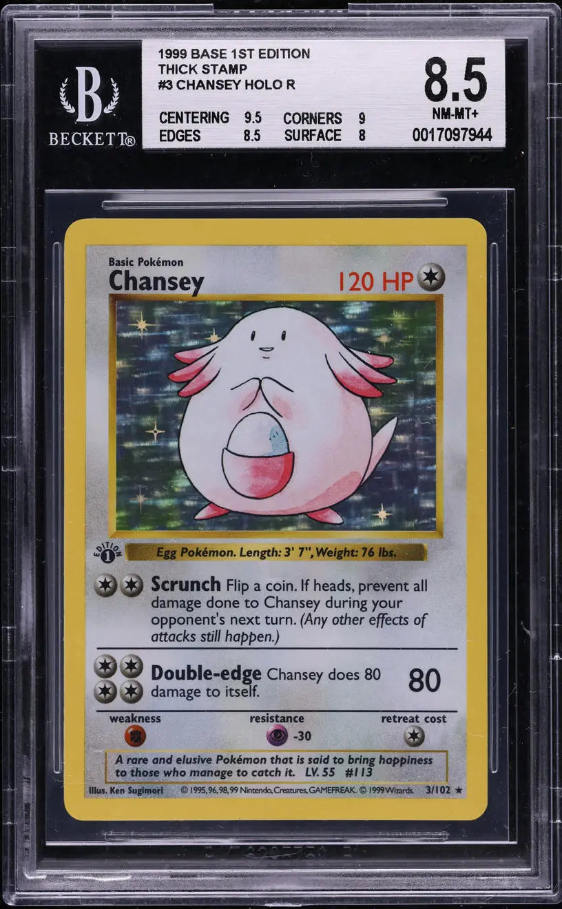 1999 POKEMON BASE SET SHADOWLESS 1ST EDITION HOLO CHANSEY #3 BGS 8.5
