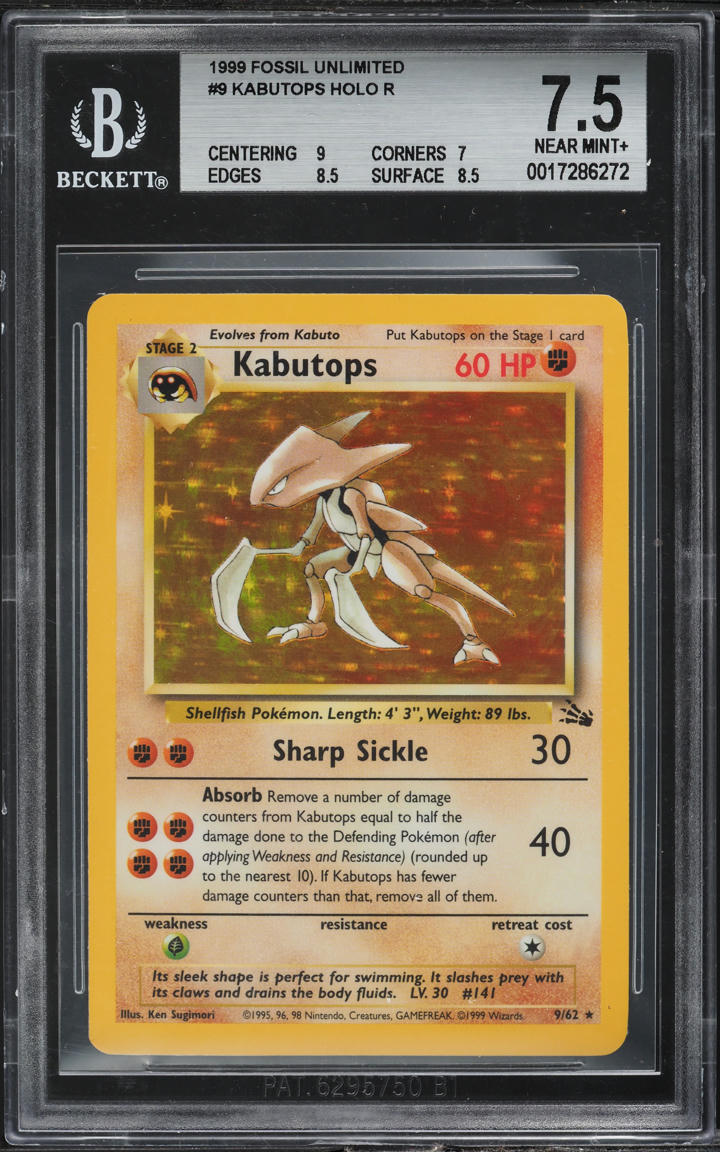 1999 POKEMON FOSSIL HOLO KABUTOPS #9 BGS 7.5 NRMT+