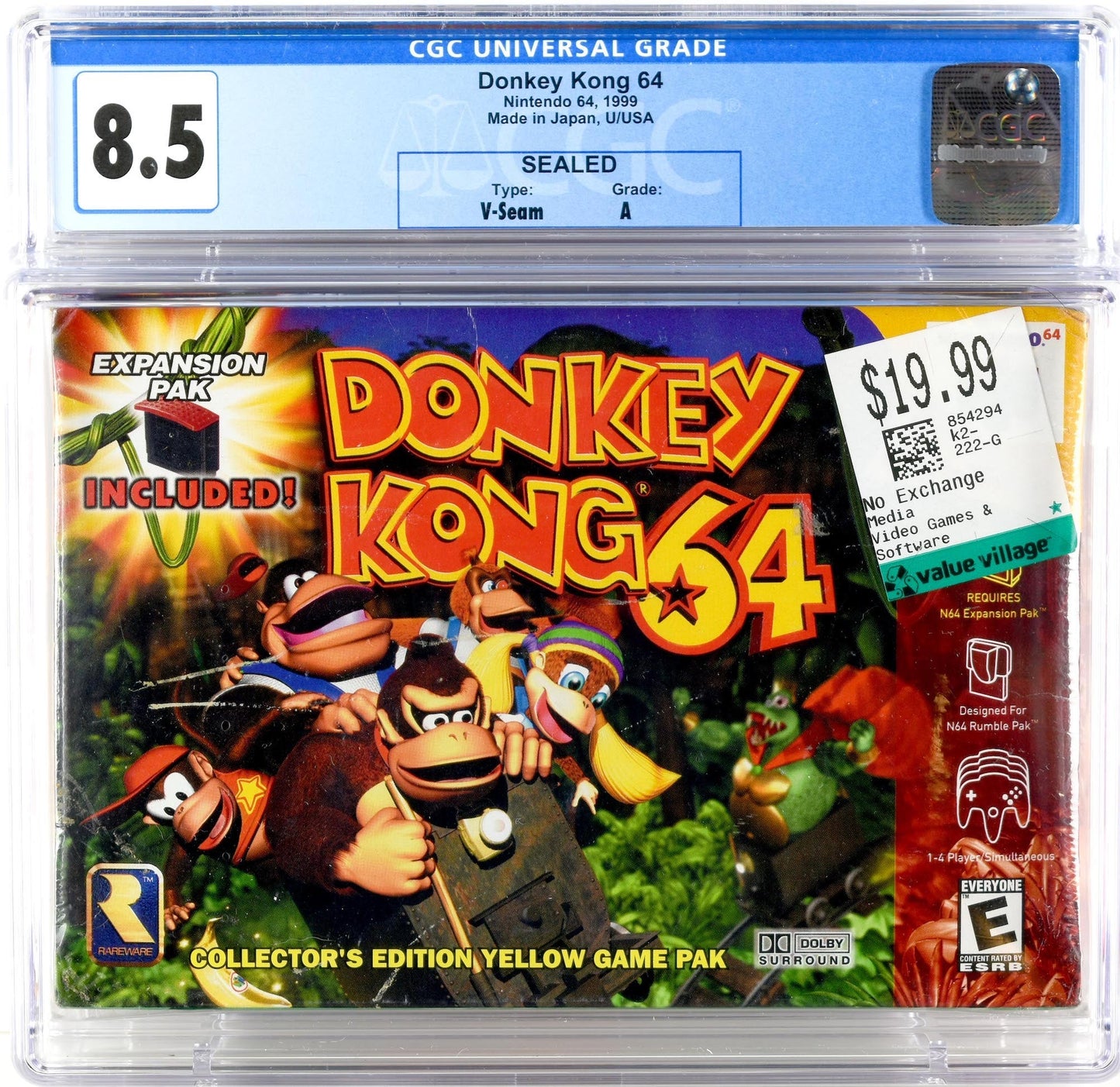 1999 DONKEY KONG 64 NINTENDO 64 N64 CGC 8.5 A SEALED