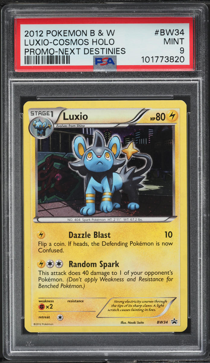 2012 POKEMON BLACK & WHITE PROMO NEXT DESTINIES COSMOS HOLO LUXIO #BW34 PSA 9 MINT