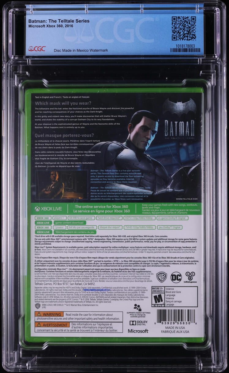 2016 BATMAN THE TELLTALE SERIES MICROSOFT XBOX 360 CGC 9.6 A++ SEALED