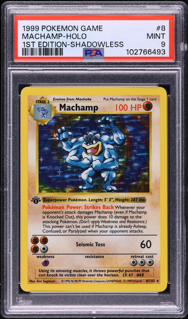 1999 POKEMON BASE SET SHADOWLESS 1ST EDITION HOLO MACHAMP #8 PSA 9 MINT