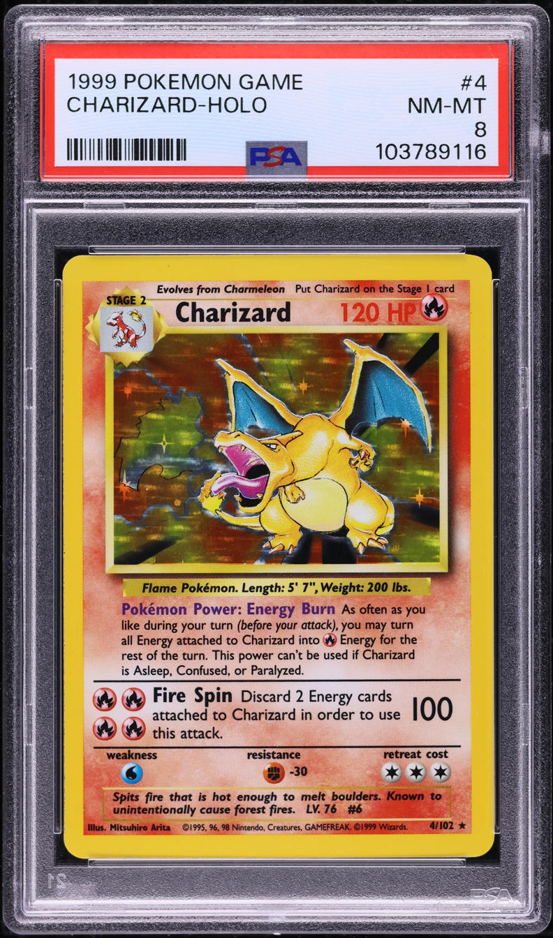 1999 POKEMON BASE SET HOLO CHARIZARD #4 PSA 8 NM-MT