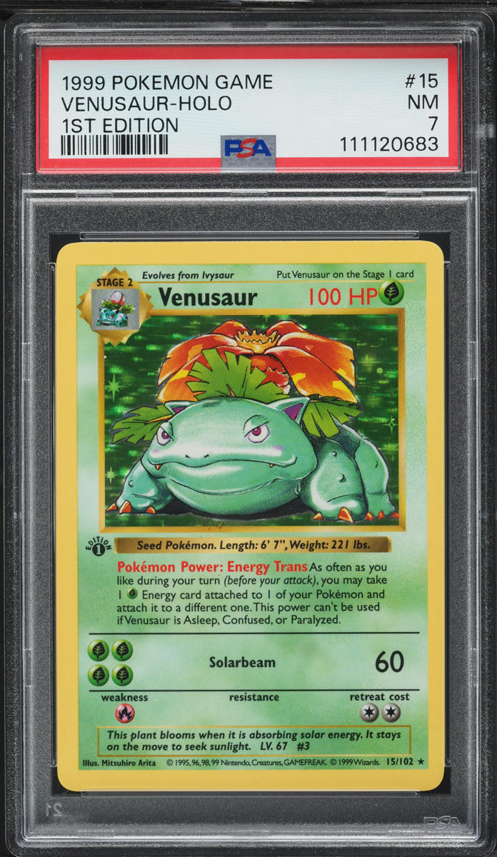 1999 POKEMON BASE SET SHADOWLESS 1ST EDITION HOLO VENUSAUR #15 PSA 7 NRMT