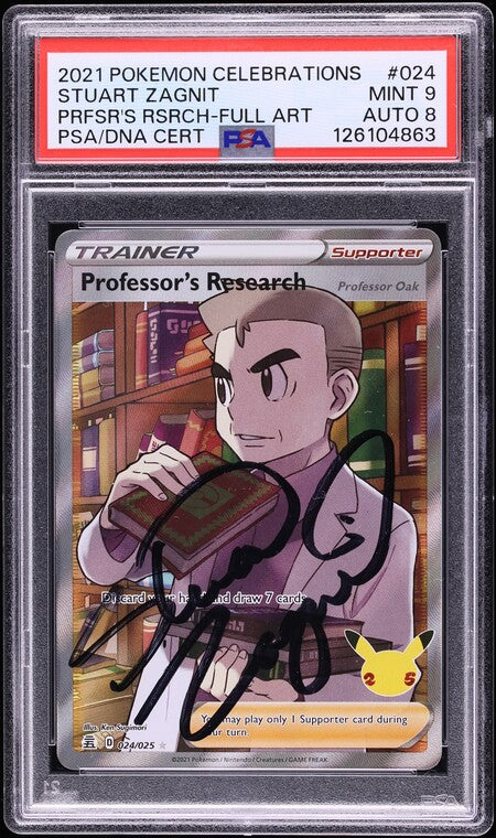 2021 POKEMON CELEBRATIONS FULL ART PROFESSOR'S RESEARCH #24 STUART ZAGNIT AUTO 8 PSA 9