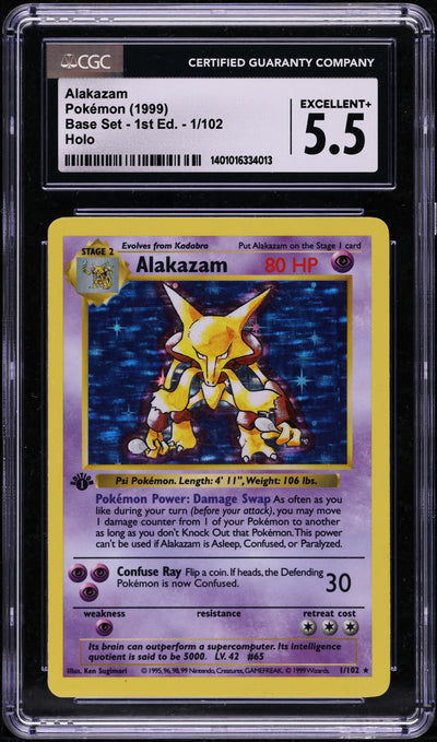 1999 POKEMON BASE SET SHADOWLESS 1ST EDITION HOLO ALAKAZAM #1 CGC 5.5 EX+