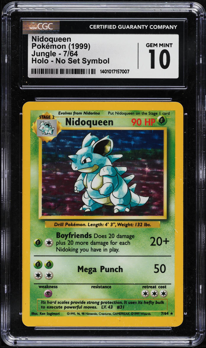 1999 POKEMON JUNGLE NO SET SYMBOL HOLO NIDOQUEEN #7 CGC 10 GEM MINT