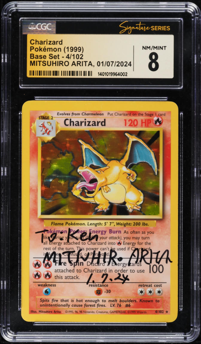 1999 POKEMON BASE SET HOLO CHARIZARD #4 ARITA AUTO CGC 8