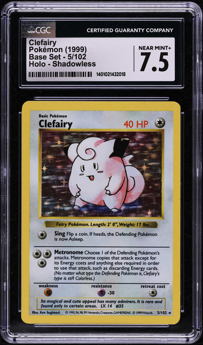 1999 POKEMON BASE SET SHADOWLESS HOLO CLEFAIRY #5 CGC 7.5 NRMT+