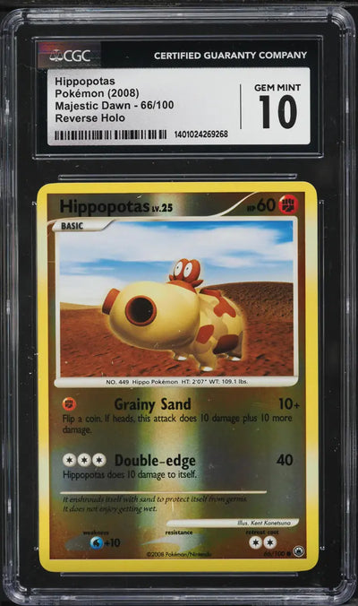 2008 POKEMON MAJESTIC DAWN REVERSE HOLO HIPPOPOTAS #66 CGC 10 GEM MINT