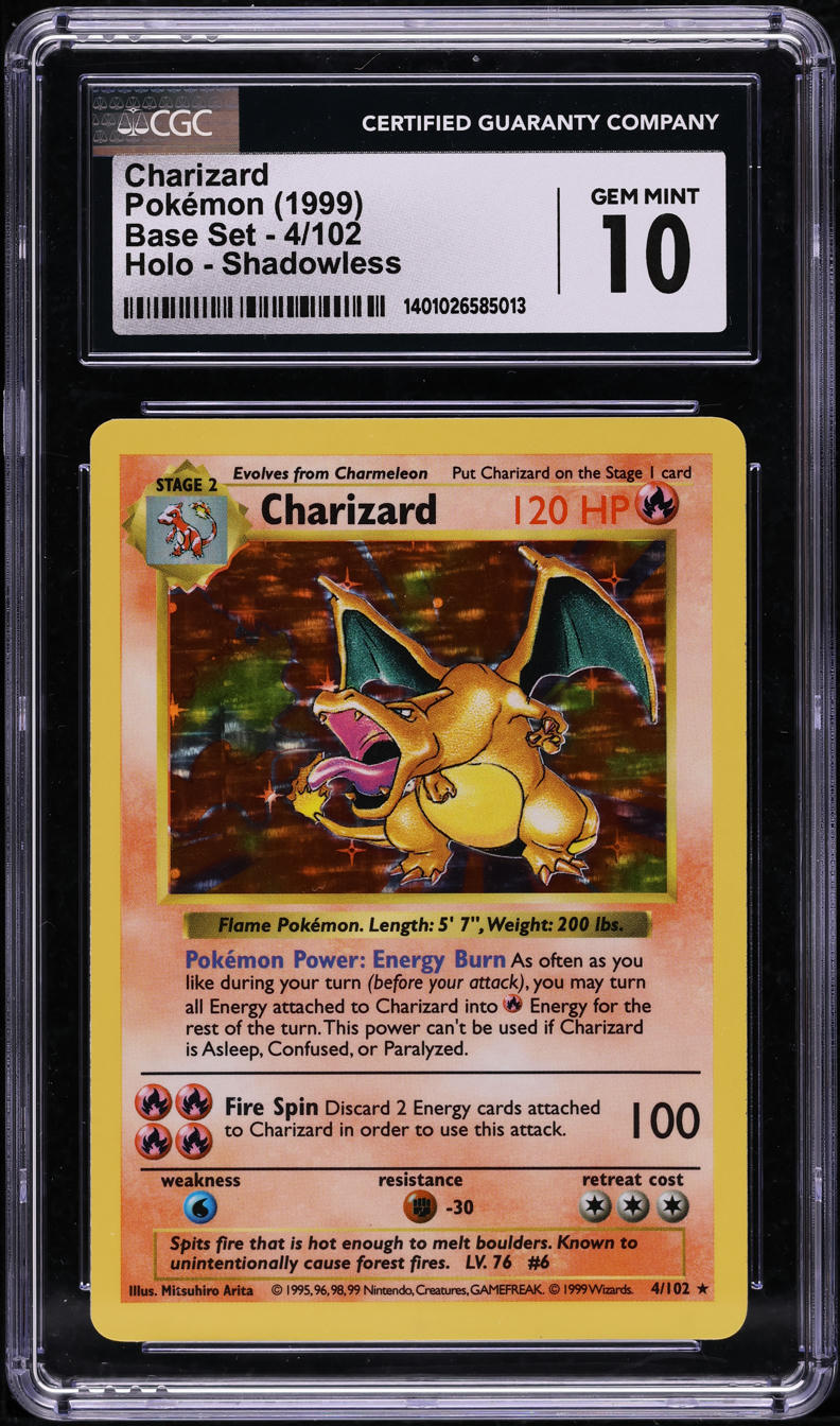 1999 POKEMON BASE SET SHADOWLESS HOLO CHARIZARD #4 CGC 10 GEM MINT