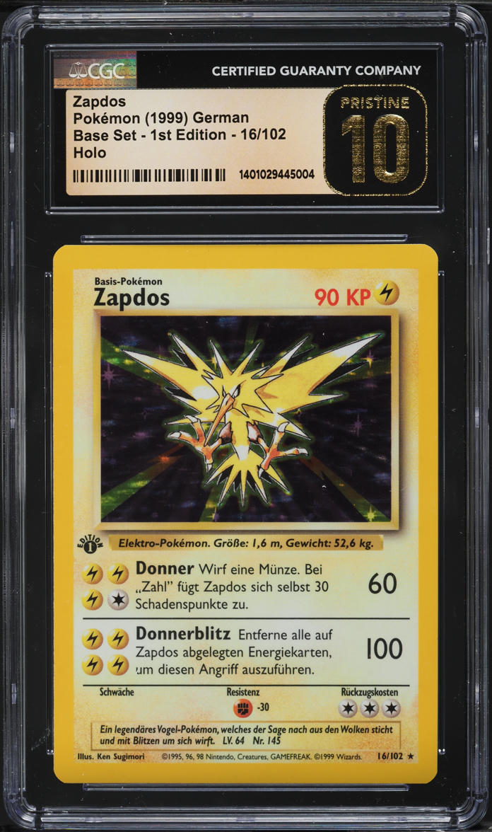 1999 POKEMON GERMAN BASE SET 1ST EDITION HOLO ZAPDOS #16 CGC 10 PRISTINE