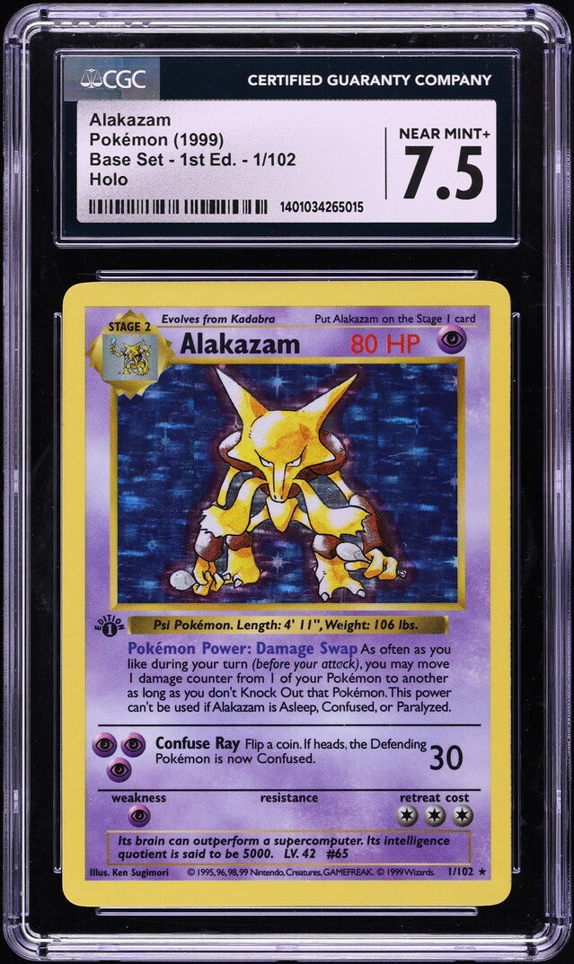 1999 POKEMON BASE SET SHADOWLESS 1ST EDITION HOLO ALAKAZAM #1 CGC 7.5 NRMT+