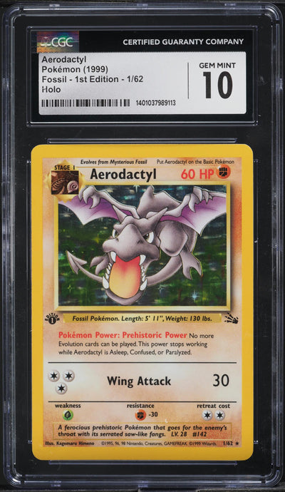 1999 POKEMON FOSSIL 1ST EDITION HOLO AERODACTYL #1 CGC 10 GEM MINT