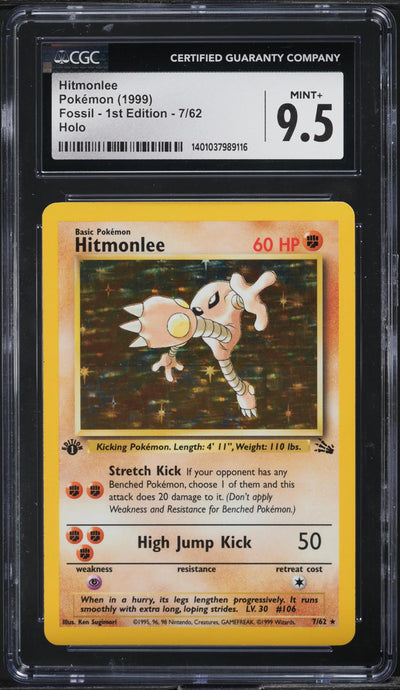 1999 POKEMON FOSSIL 1ST EDITION HOLO HITMONLEE #7 CGC 9.5 MINT+