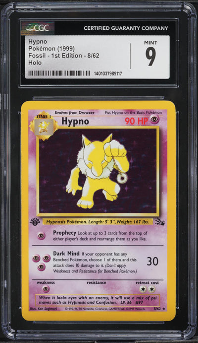 1999 POKEMON FOSSIL 1ST EDITION HOLO HYPNO #8 CGC 9 MINT