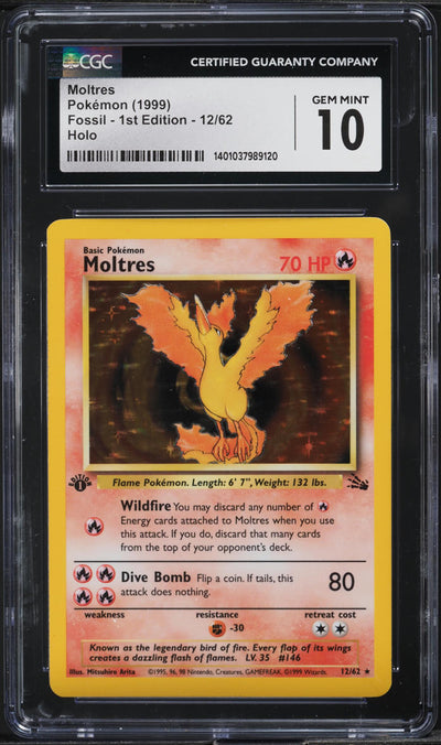 1999 POKEMON FOSSIL 1ST EDITION HOLO MOLTRES #12 CGC 10 GEM MINT