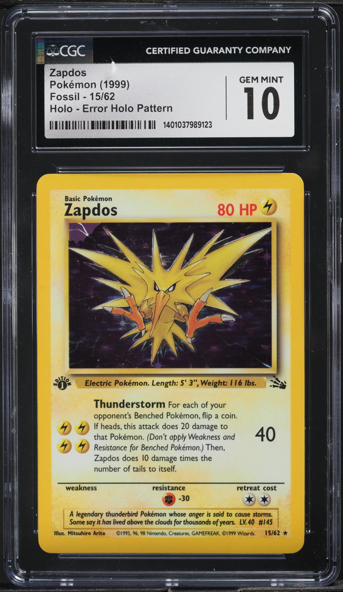 1999 POKEMON FOSSIL HOLO ERROR ZAPDOS #15 CGC 10 – lowpopping